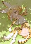  1girl ;&lt; animal_ears ankle_boots bare_shoulders black_ribbon blush body_blush boots bow bowtie clenched_hands dappled_sunlight day dot_nose elbow_gloves eyebrows_visible_through_hair full_body gloves grass kemono_friends light_brown_eyes looking_at_viewer lying muu_rian on_side one_eye_closed orange_hair outdoors raised_eyebrow ribbon rubbing_eyes serval_(kemono_friends) serval_ears serval_print serval_tail shadow shiny shiny_hair shiny_skin shirt shoe_ribbon shoe_soles short_hair skirt sleepy sleeveless sleeveless_shirt solo striped_tail sunlight tail tareme thigh-highs twitter_username white_boots white_footwear white_shirt 