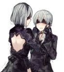  1boy 1girl bangs black_dress blindfold blush closed_mouth double-breasted dress grey_background grey_hair hair_between_eyes hairband hands_on_another&#039;s_cheeks hands_on_another&#039;s_face hands_up juliet_sleeves long_sleeves nier_(series) nier_automata open-back_dress parted_lips puffy_sleeves short_hair simple_background smile tanuma_(tyny) upper_body yorha_no._2_type_b yorha_no._9_type_s 