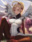  1girl absurdres arm_support artist_name blonde_hair blue_eyes blurry blurry_background bodysuit breasts brown_legwear cherry_blossoms eyes_visible_through_hair faulds hand_on_own_chest high_ponytail highres large_breasts leaning_back light_smile looking_at_viewer mayrel mechanical_halo mechanical_wings mercy_(overwatch) no_shoes one_leg_raised outdoors overwatch pantyhose pelvic_curtain revision signature sitting solo spread_legs wings 
