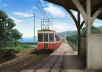  1boy absurdres clouds day fence ground_vehicle highres hill ocean original power_lines railroad_tracks rural sakagami_umi scenery sky town train train_station 