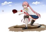  1girl akashi_(kantai_collection) ball baseball baseball_glove blue_skirt green_eyes hair_ribbon hip_vent kantai_collection long_hair open_mouth owada_(kousonhuchi) pink_hair pleated_skirt ribbon shirt skirt smile solo t-shirt thighs tress_ribbon twintails 