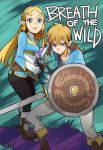  1boy 1girl blonde_hair blue_hair book bow_(weapon) crossbow full_body io_naomichi link long_hair looking_at_viewer pointy_ears princess_zelda protecting shield sword text the_legend_of_zelda the_legend_of_zelda:_breath_of_the_wild weapon 