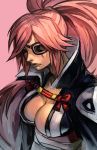  1girl baiken breasts cleavage eyepatch guilty_gear guilty_gear_xrd hankuri japanese_clothes kimono large_breasts long_hair one-eyed open_clothes open_kimono pink_eyes pink_hair ponytail samurai scar scar_across_eye simple_background solo tattoo 