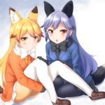  2girls :o animal_ears bangs black_gloves black_legwear black_skirt blazer blonde_hair blue_hair blush brown_hair closed_mouth eyebrows_visible_through_hair ezo_red_fox_(kemono_friends) faubynet fox_ears fox_girl fox_tail gloves gradient_hair hand_on_another&#039;s_knee hand_on_own_knee highres jacket kemono_friends loafers long_hair looking_at_viewer multicolored_hair multiple_girls open_mouth pantyhose red_eyes shoes silver_fox_(kemono_friends) sitting skirt tail white_legwear white_skirt yellow_eyes 