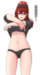  1girl bangs black_panties black_shirt blush collar cowboy_shot ear_piercing hair_between_eyes hecatia_lapislazuli highres lifted_by_self long_hair looking_at_viewer naughty_face navel no_pants ozu_(agito100001) panties piercing polos_crown red_eyes redhead shirt shirt_lift solo stomach t-shirt tongue tongue_out touhou translation_request underwear 