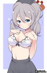  1girl bare_arms bare_shoulders beret black_skirt blue_eyes bra breasts hat heart kantai_collection kashima_(kantai_collection) kurogoma_(haruhi3) large_breasts long_hair silver_hair skirt smile solo twitter_username two_side_up underwear white_bra 