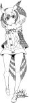  1girl coat dated eurasian_eagle_owl_(kemono_friends) full_body fur_collar greyscale head_wings highres kemono_friends long_sleeves looking_at_viewer monochrome multicolored_hair pantyhose shoes short_hair signature simple_background solo standing tail white_background yoshida_hideyuki 