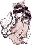  1girl ascot black_hair bow breasts detached_sleeves hair_bow hair_tubes hakurei_reimu japanese_clothes long_sleeves looking_at_viewer miko scowl solo space_jin touhou wide_sleeves 