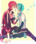  2boys akaito blue_hair boots detached_sleeves hatsune_mikuo nail_polish necktie painted_nails red_hair scarf short_hair tagme vocaloid yaoi 