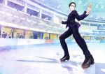  2boys black_hair brown_eyes coat crowd hair_slicked_back ice_skates itou_noriko katsuki_yuuri lanyard male_focus multiple_boys necktie official_art silver_hair skates skating_rink viktor_nikiforov yuri!!!_on_ice 