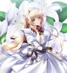  1girl blonde_hair blush bow bowtie breasts cowboy_shot dress floral_background glint gloves green_eyes hairband juliet_sleeves katana large_breasts long_hair long_sleeves looking_at_viewer maid midoriiro_no_shinzou original puffy_sleeves red_bow red_bowtie sash sheath sidelocks smile solo sword taut_clothes taut_dress unsheathing weapon white_gloves 