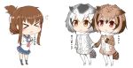  &gt;_&lt; 3girls blue_legwear blue_skirt blush brown_coat brown_hair brown_shoes buttons closed_eyes coat crossover eurasian_eagle_owl_(kemono_friends) folded_ponytail fur_collar hair_between_eyes head_wings highres inazuma_(kantai_collection) kantai_collection kemono_friends long_sleeves multiple_girls nanodesu_(phrase) neckerchief nenosame_(nenosame5_) northern_white-faced_owl_(kemono_friends) open_mouth pantyhose pleated_skirt red_neckerchief sailor_collar school_uniform serafuku shoes short_hair sidelocks simple_background skirt socks translation_request white_background white_coat white_hair white_legwear 