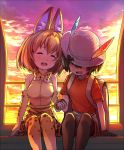  2girls akama_zenta animal_ears bag black_hair blonde_hair blush bow bowtie closed_eyes clouds cloudy_sky covering_eyes crying elbow_gloves ferris_wheel gloves hand_holding happy hat hat_feather kaban kemono_friends multiple_girls open_mouth pantyhose serval_(kemono_friends) serval_ears serval_print serval_tail shirt short_hair shorts sitting skirt sky smile sunset tail tears thigh-highs yuri 
