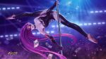  1girl absurdres bangs bare_shoulders barefoot black_legwear breasts chaos_(pixiv3726393) choker collar corset cyberpunk_2077 fate/grand_order fate/stay_night fate_(series) highres large_breasts long_hair looking_at_viewer panties pole_dancing prosthesis prosthetic_arm purple_hair purple_panties rider sidelocks thigh-highs underwear very_long_hair violet_eyes 