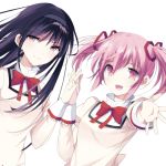  2girls absurdres akemi_homura black_hair black_hairband bow bowtie brown_eyes dutch_angle eyebrows_visible_through_hair hair_between_eyes hair_ribbon hairband highres kaname_madoka long_hair looking_at_viewer mahou_shoujo_madoka_magica misteor multiple_girls outstretched_arm pink_eyes pink_hair red_bow red_bowtie red_ribbon ribbon school_uniform simple_background smile twintails upper_body white_background 
