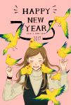  2017 bangs bird blush brown_hair closed_eyes commentary_request earrings food_themed_earrings happy_new_year highres hinao_(flowerrabbit2348) jewelry long_hair long_sleeves nengajou new_year open_mouth original parted_bangs pink_background ribbed_sweater simple_background strawberry_earrings sweater upper_body 