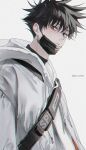  1boy bangs black_eyes black_hair closed_mouth dal_li_0130 fushiguro_megumi hair_between_eyes highres hood hood_down jacket jujutsu_kaisen looking_at_viewer male_focus mask mouth_mask short_hair simple_background solo spiky_hair twitter_username upper_body white_background white_jacket 