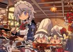  3girls :d :o apron blonde_hair blue_eyes blush bow bowtie braid cake chef_hat chocolate flandre_scarlet food hat izayoi_sakuya knife lamp moyazou_(kitaguni_moyashi_seizoujo) multiple_girls open_mouth red_eyes red_flower remilia_scarlet smile touhou 