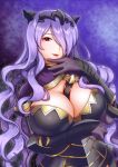  1girl armor black_armor breast_hold breasts camilla_(fire_emblem_if) capelet fire_emblem fire_emblem_if hair_over_one_eye hand_on_own_chin kumehara_chiyota large_breasts lips long_hair looking_at_viewer open_mouth parted_lips purple_background purple_hair red_eyes shiny shiny_clothes shiny_hair sidelocks smile solo tiara vambraces very_long_hair wavy_hair 