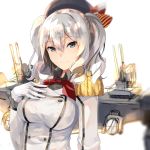  1girl bangs beret blurry blush breasts closed_mouth collared_shirt depth_of_field double-breasted epaulettes eyebrows_visible_through_hair fuotchan grey_shirt hair_between_eyes hand_on_own_chest hat kantai_collection kashima_(kantai_collection) looking_at_viewer medium_breasts rigging shirt silver_hair simple_background sketch smile solo twintails wavy_hair white_background 