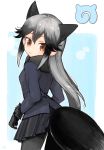  1girl :o animal_ears black_gloves black_hair black_legwear black_scarf black_skirt blazer blue_background blue_jacket blush brown_eyes cowboy_shot eyelashes fox_ears fox_tail from_behind fur-trimmed_sleeves fur_trim gloves gradient_hair grey_hair highres jacket japari_symbol kemono_friends long_hair long_sleeves looking_at_viewer looking_back meiji_(charisma_serve) multicolored multicolored_background multicolored_hair open_mouth outline pantyhose pleated_skirt scarf sidelocks silver_fox_(kemono_friends) silver_hair skirt solo tail tsurime two-tone_background white_background white_outline 