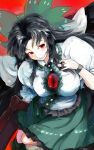  1girl arm_cannon bird_wings black_hair black_wings bow bracelet commentary_request erect_nipples eyeball grin hair_bow highres jewelry long_hair puffy_short_sleeves puffy_sleeves red_eyes reiuji_utsuho short_sleeves sinzan skirt smile solo third_eye touhou weapon wings 