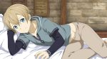  1boy barefoot bed_sheet blue_eyes blue_shirt bow brown_hair collarbone eugeo from_side grey_pants groin hair_bow hand_in_hair indoors looking_at_viewer lying official_art on_side pants pillow shirt short_hair smile solo sword_art_online 