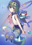  1girl blue_eyes blush chinchou fishing_rod from_side full_body fuotchan green_hair hand_up highres holding holding_poke_ball looking_at_viewer parted_lips poke_ball pokemon pokemon_(game) pokemon_sm polka_dot polka_dot_background popplio sailor_collar short_hair solo suiren_(pokemon) 