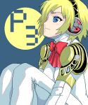  1girl aegis aegis_(persona) android blonde_hair blue_background blue_eyes blush copyright_name persona persona_3 robot_joints shin&#039;ya_(shin&#039;yanchi) short_hair solo 