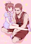  1boy 1girl absurdres artist_request basketball_uniform brown_hair card_captor_sakura crossover dress full_body gakuran green_eyes highres kinomoto_sakura looking_at_another redhead sakuragi_hanamichi school_uniform seiza short_twintails sitting_on_lap slam_dunk smile sportswear twintails 