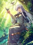  1girl bangs bird blue_eyes book cape capelet company_connection copyright_name dress eyebrows_visible_through_hair feathers fire_emblem fire_emblem:_seisen_no_keifu fire_emblem_cipher forest jewelry long_dress long_hair long_sleeves nature official_art purple_hair sitting staff umiu_geso very_long_hair wide_sleeves yuria_(fire_emblem) 