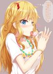  1girl blonde_hair blue_eyes blush breasts candy food heart heart-shaped_pupils idolmaster idolmaster_cinderella_girls licking lollipop long_hair looking_at_viewer oga_raito one_side_up ootsuki_yui open_mouth simple_background solo symbol-shaped_pupils translation_request 