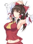  /\/\/\ 1girl ;( armpits arms_up ascot bangs black_eyes black_hair bow breasts closed_mouth detached_sleeves groin hair_bow hakurei_reimu highres large_breasts long_hair long_sleeves looking_at_viewer navel nontraditional_miko piro_(iiiiiiiiii) ponytail red_bow red_shirt red_skirt shirt sideboob sidelocks skirt skirt_set sleeveless sleeveless_shirt solo stomach stretch touhou upper_body wide_sleeves 
