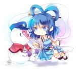  1girl blue_eyes blue_hair chibi kaku_seiga kutsuki_kai miyako_yoshika shawl smile snowman solo touhou 