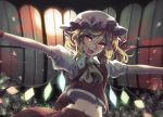  1girl breasts commentary_request crystal fangs flandre_scarlet hair_between_eyes hat looking_at_viewer miyaoi mob_cap navel outstretched_arms short_hair small_breasts solo touhou vampire 