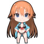  &gt;:) 1girl bangs bikini black_bikini blue_eyes blush breasts brown_hair checkered checkered_bikini chibi cleavage closed_mouth eyebrows_visible_through_hair fuotchan hair_between_eyes hands_on_hips large_breasts long_hair looking_at_viewer open_clothes open_shirt original shirt simple_background sleeves_rolled_up smile solo standing swimsuit white_background 