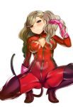  1girl blonde_hair blue_eyes blush bodysuit boots breasts cat_tail cleavage cleavage_cutout gloves gluteal_fold hair_ornament hairclip high_heel_boots high_heels hijiri_ruka persona persona_5 red_bodysuit shiny shiny_clothes simple_background skin_tight solo spread_legs tail takamaki_ann thigh-highs thigh_boots tiptoes twintails zipper 