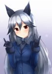  1girl animal_ears arms_at_sides bangs breasts brown_eyes closed_mouth eyebrows_visible_through_hair fox_ears fox_girl fox_shadow_puppet gradient gradient_background gradient_hair grey_hair grey_shirt hair_between_eyes hair_flaps hands_up highres kemono_friends long_hair looking_at_viewer medium_breasts multicolored_hair necktie sana_(sauber0531) shirt silver_fox_(kemono_friends) silver_hair smile solo 
