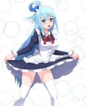  1girl :d aqua_(konosuba) blue_eyes blue_hair dress dress_lift frills gradient_hair hair_ornament hair_rings half_updo highres huyase juliet_sleeves kono_subarashii_sekai_ni_shukufuku_wo! long_hair long_sleeves looking_at_viewer maid multicolored_hair open_mouth puffy_sleeves simple_background smile solo thigh-highs very_long_hair white_legwear zettai_ryouiki 