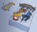  4girls absurdres angelo_(gomahangetsu) bed commentary commentary_request ezo_red_fox_(kemono_friends) highres hug japari_bun kaban kemono_friends multiple_girls pantyhose playing_games serval_(kemono_friends) silver_fox_(kemono_friends) sleeping zzz 