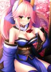  1girl :q alcohol animal_ears bangs blue_bow blue_legwear blush bow breasts brown_eyes bust_cup cherry_blossoms cup detached_sleeves dress eyebrows_visible_through_hair fate/extra fate_(series) fox_ears fox_tail hair_bow hair_flaps holding holding_cup japanese_clothes large_breasts long_hair looking_at_viewer outdoors over-kneehighs pelvic_curtain pink_hair pouring sakazuki sake sidelocks sitting smile solo tail tamamo_(fate)_(all) tamamo_no_mae_(fate) thighhighs thighs tongue tongue_out toshi_(1-147) tree twintails yellow_eyes 