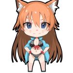  &gt;:) 1girl animal_ears bangs bikini black_bikini blue_eyes blush breasts brown_hair checkered checkered_bikini chibi cleavage closed_mouth eyebrows_visible_through_hair fox_ears fuotchan hair_between_eyes hands_on_hips large_breasts long_hair looking_at_viewer open_clothes open_shirt original shirt simple_background sleeves_rolled_up smile solo standing swimsuit whisker_markings white_background 