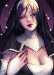  &#039;o&#039;ne 1girl 2017 blonde_hair blue_eyes breasts bridal_gauntlets cleavage cyphers dated face lips looking_at_viewer medium_breasts nail_polish nun parted_lips short_hair solo 