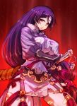  1girl bangs blood blood_on_face bodysuit breasts commentary covered_navel fate/grand_order fate_(series) fingerless_gloves gloves hourai_kochou huge_breasts large_breasts long_hair looking_at_viewer minamoto_no_raikou_(fate/grand_order) parted_bangs purple_hair solo sword torn_clothes very_long_hair violet_eyes weapon 