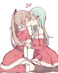  2girls alternate_costume arm_warmers bare_shoulders belt blush brown_hair closed_eyes commentary earrings green_hair heart jewelry kantai_collection kiss kumano_(kantai_collection) kvlen long_hair multiple_girls ponytail straight_hair suzuya_(kantai_collection) yuri 