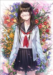  1girl bangs black_skirt brown_hair cardigan closed_eyes closed_mouth cowboy_shot floral_background glasses long_hair neckerchief open_cardigan open_clothes original oto_(ginswallow) petals pink-framed_eyewear pleated_skirt red_neckerchief school_uniform semi-rimless_glasses serafuku skirt smile solo standing under-rim_glasses 