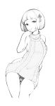  1girl aran_sweater backless_outfit bangs bare_shoulders bob_cut breasts contrapposto cropped_legs dress hair_ornament hair_ribbon halterneck hand_up highres linnkou looking_at_viewer meme_attire open-back_dress original panties pantyshot pantyshot_(standing) parted_lips ribbed_sweater ribbon short_hair sketch small_breasts smile solo standing sweater sweater_dress thighs turtleneck turtleneck_sweater underwear virgin_killer_sweater 