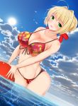  1girl ahoge bare_shoulders beach bikini blonde_hair blue_sky blush breasts cleavage clouds collarbone day eyebrows_visible_through_hair fate/extra fate_(series) front-tie_top green_eyes large_breasts looking_at_viewer navel noeomi ocean outdoors partially_submerged saber_extra shiny shiny_skin sky solo stomach swimsuit water 
