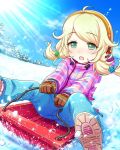  1girl ahoge blonde_hair blue_pants clouds earmuffs eyebrows_visible_through_hair green_eyes idolmaster idolmaster_cinderella_girls kuudere lens_flare official_art open_mouth pants pink_coat plaid platinum_blonde sky sled sledding snow solo tree twintails winter yusa_kozue 