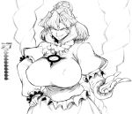  1girl breasts curvy erect_nipples fingernails hair_ornament hand_on_hip impossible_clothes large_breasts leaf_hair_ornament mirror monochrome rope sharp_fingernails shimenawa short_hair skirt smile solo space_jin teeth text touhou translation_request tsurime yasaka_kanako 